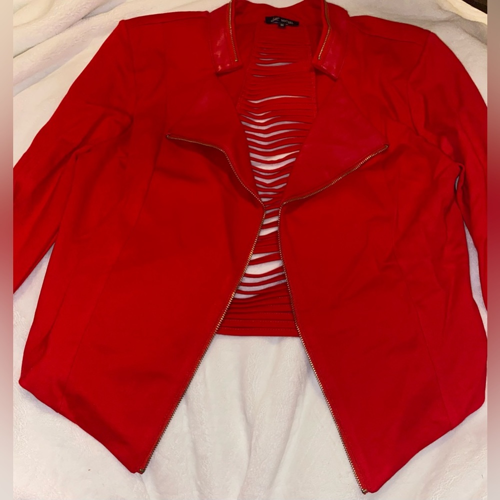 Red zip up blazer/jacket with small open back section